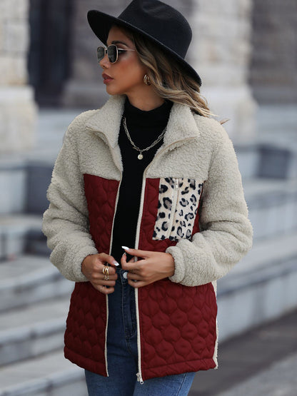 Leopard Color Block Zip-Up Jacket (caramel/green/burgundy/black/gray/orange-red-SMALL-XL