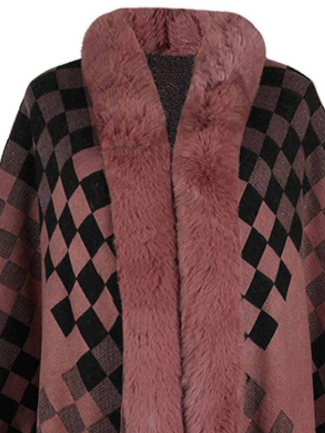 Fuzzy Checkered Long Sleeve Poncho (beige/tan/pink/navy/black)