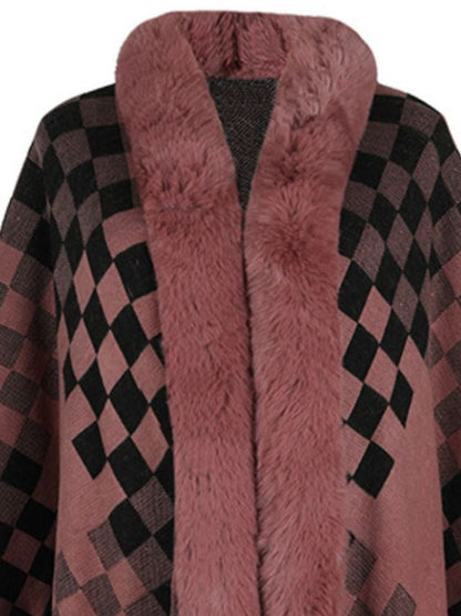 Fuzzy Checkered Long Sleeve Poncho (beige/tan/pink/navy/black)