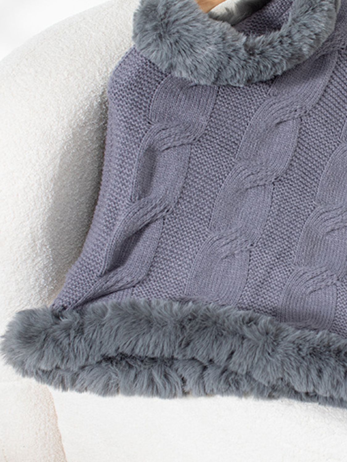 Fuzzy Hem Cable-Knit Poncho (mocha/gold/pink/eggshell/grey/black)