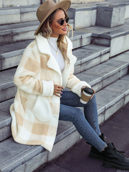 Plaid Button Down Coat with Pockets-SMALL-2XL