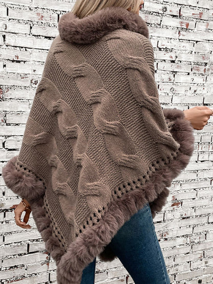 Fuzzy Hem Cable-Knit Poncho (mocha/gold/pink/eggshell/grey/black)