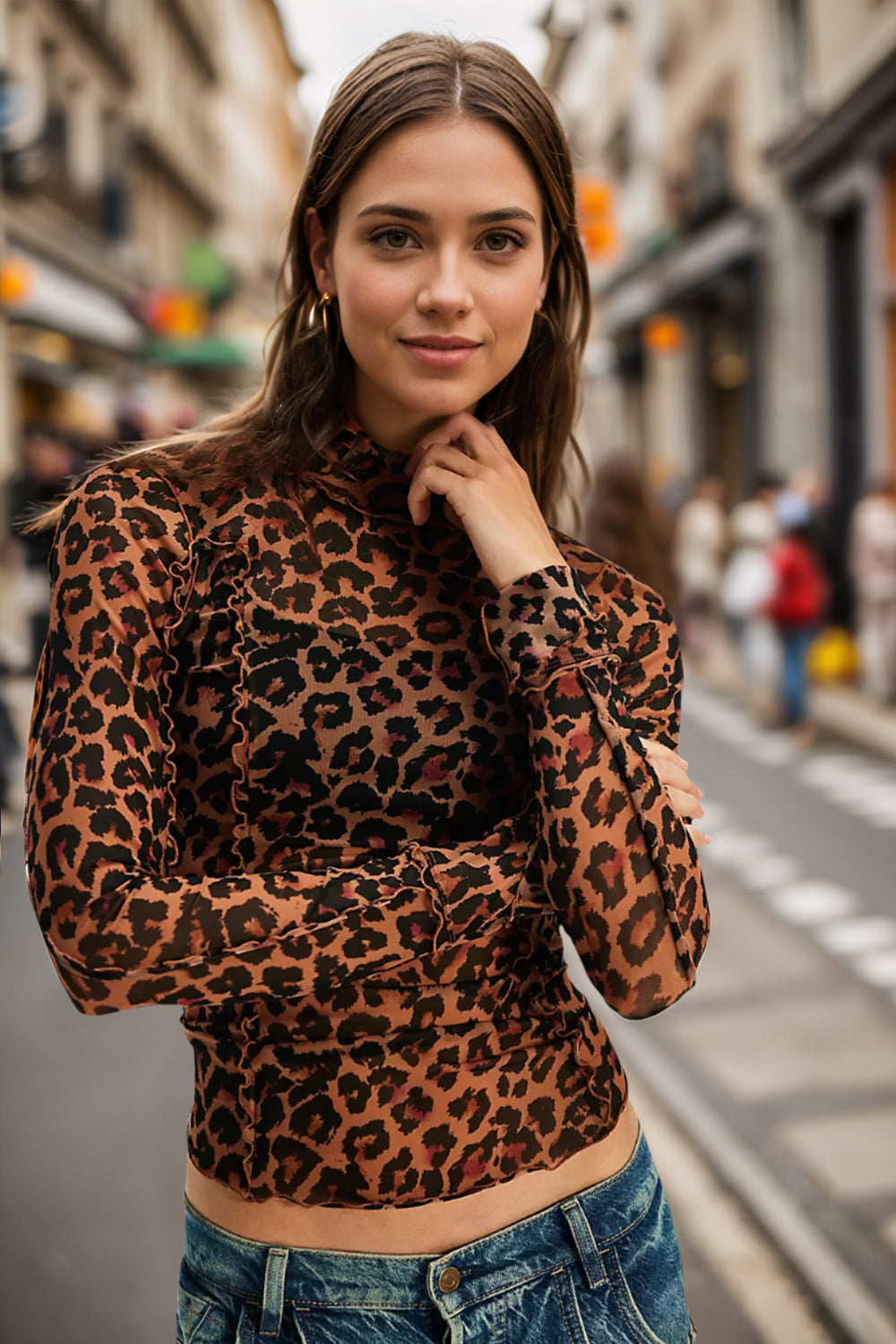 Oh Full Size Frill Printed Mock Neck Long Sleeve Top-S-3XL