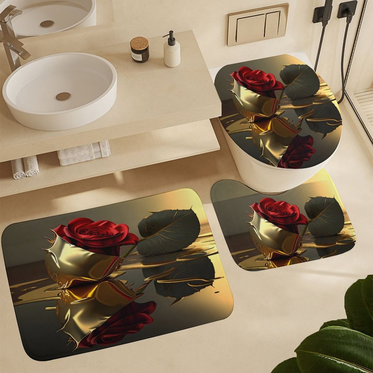 ROSE IN GOLD Coral Velvet Restroom Rug Set of 3-15.7"x23.6"/ 40x60cm