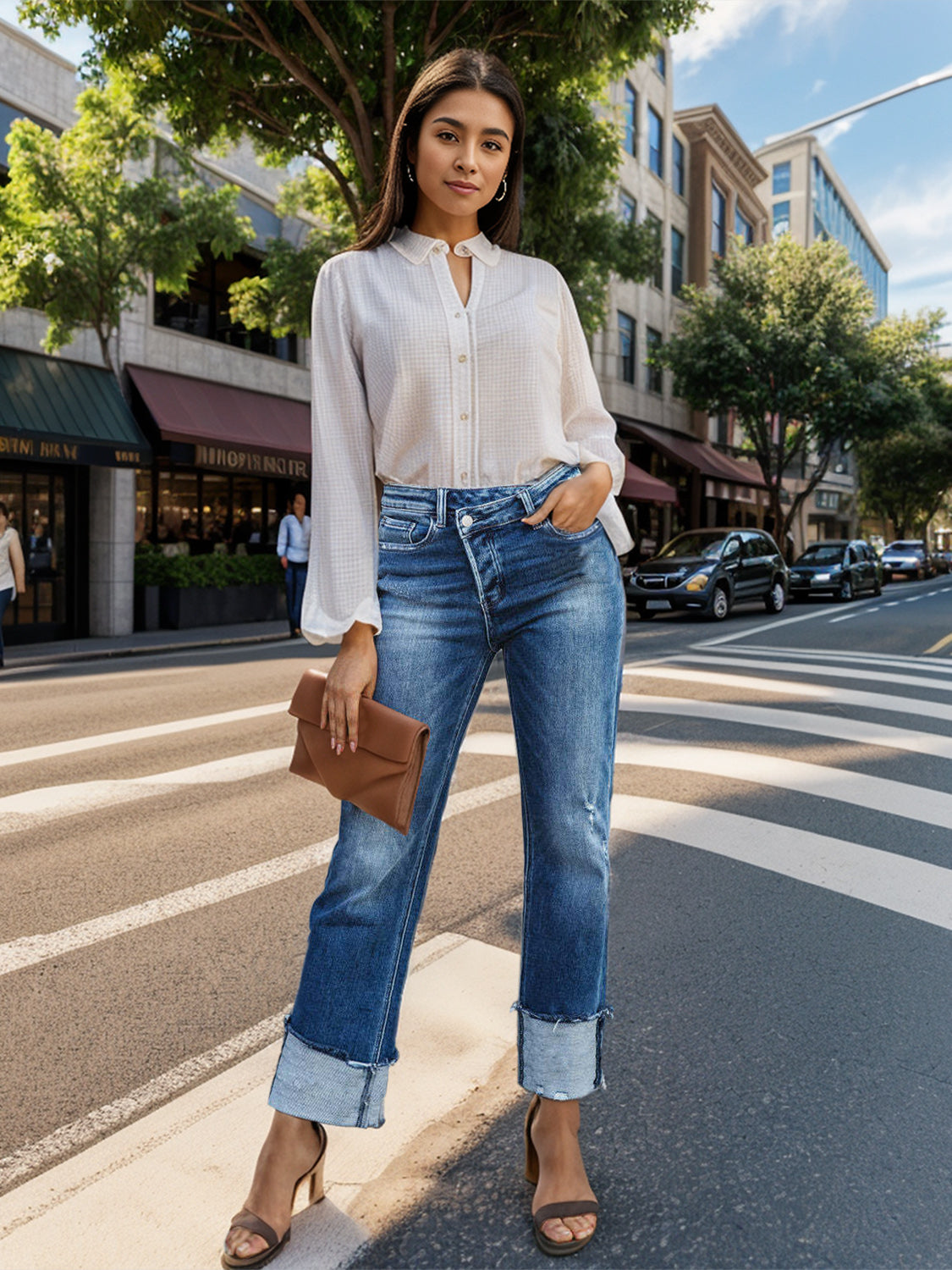 Stepped Waist Raw Hem Rolled Straight Jeans-SMALL-XL