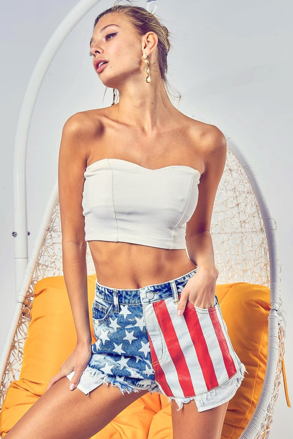 BiBi US Flag Theme Bleached Denim Shorts-SMALL-XL