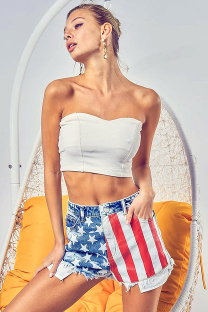 BiBi US Flag Theme Bleached Denim Shorts-SMALL-XL