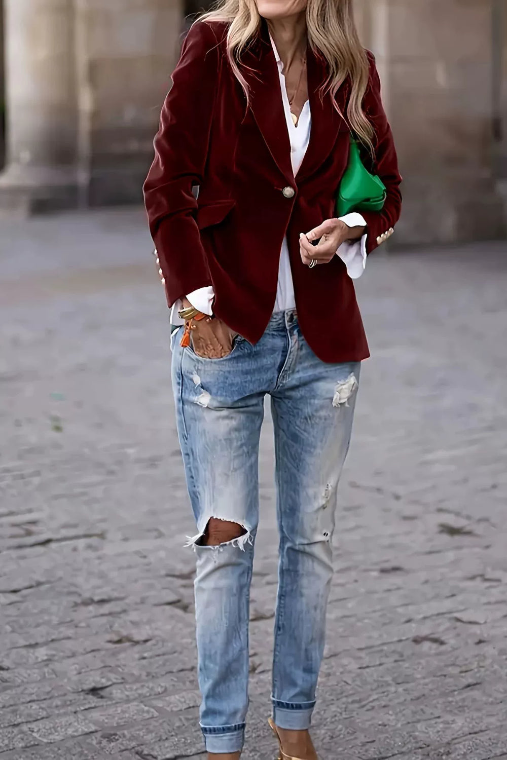 Velvet Lapel Collar One Button Blazer-S-2XL