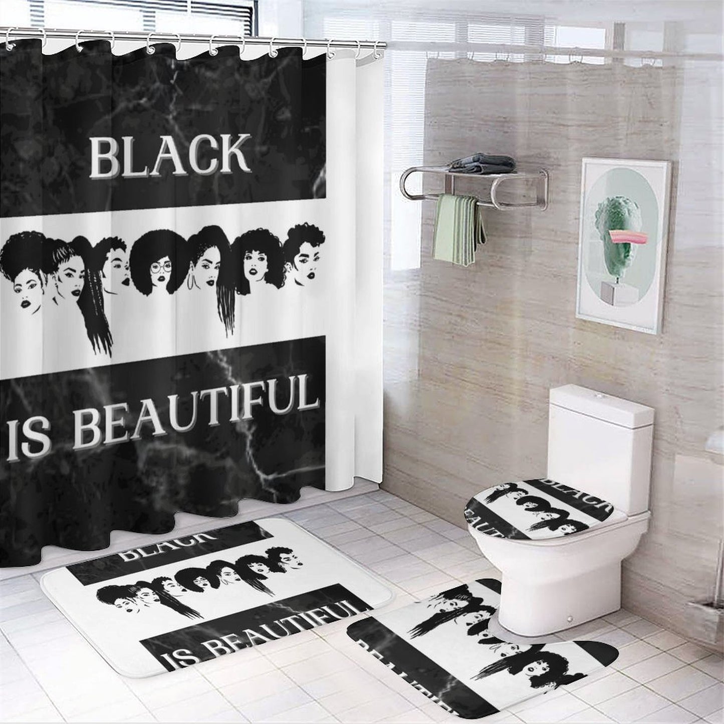 Shower Curtain Set with 3 Rugs