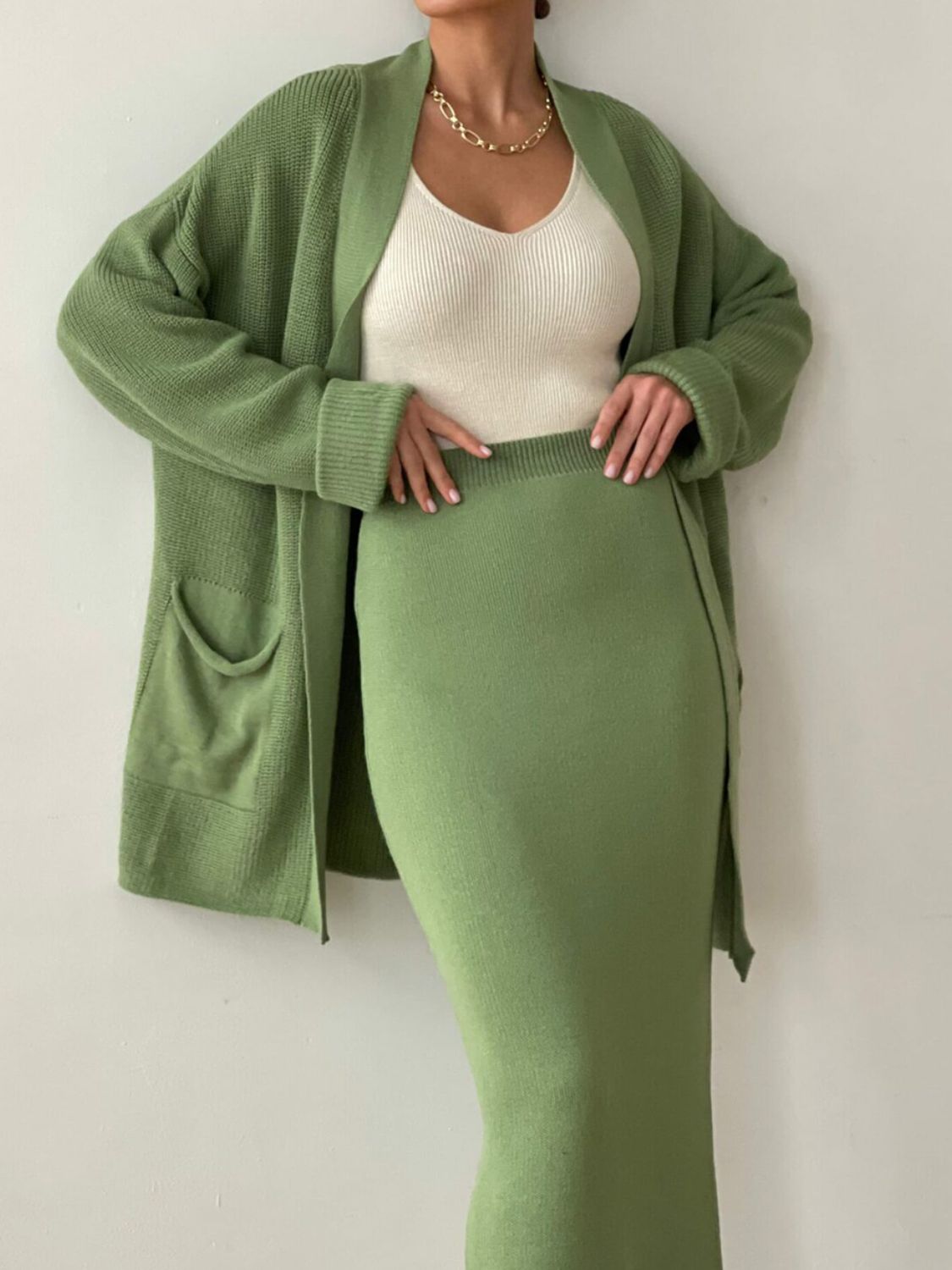 Pocketed Long Sleeve Cardigan and Skirt Sweater Set (cream/camel/lt. green/grey/black) ONE SIZE
