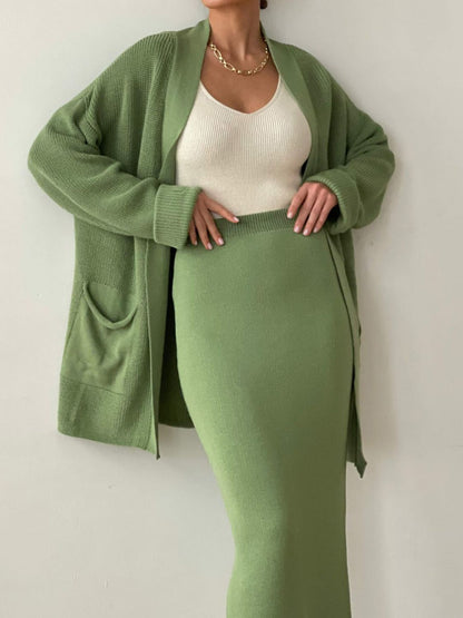 Pocketed Long Sleeve Cardigan and Skirt Sweater Set (cream/camel/lt. green/grey/black) ONE SIZE