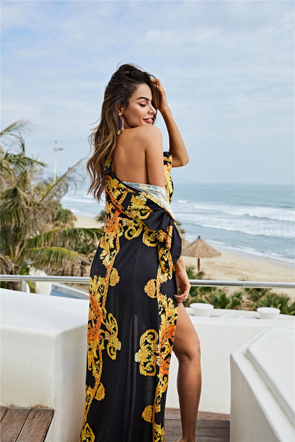 Printed Plunge One-Piece and Cover Up Swim Set-MEDIUM-2XL