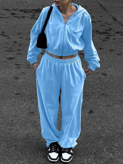 Zip Up Hoodie and Pocketed Pants Set (grey/pink/apricot/black/blue)-SMALL-XL