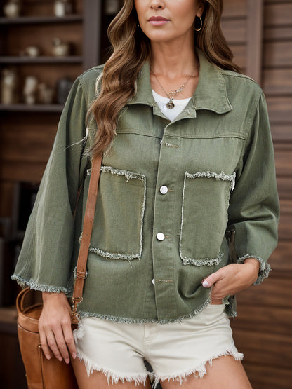 Raw Hem Button Up Denim Jacket-SMALL-XL