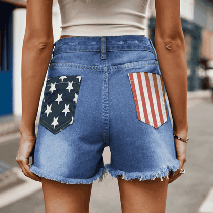 US Flag Distressed Denim Shorts-SMALL-2XL