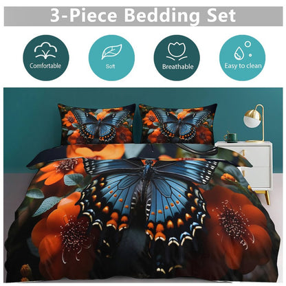 3-Piece Bedding Set-90"x90"/ 229x229cm (Dual-sided Printing)-BLUE BUTTERFLY