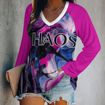 CHAOS V-neck Loose Long Sleeve T-shirt (pink)-SMALL-5XL)