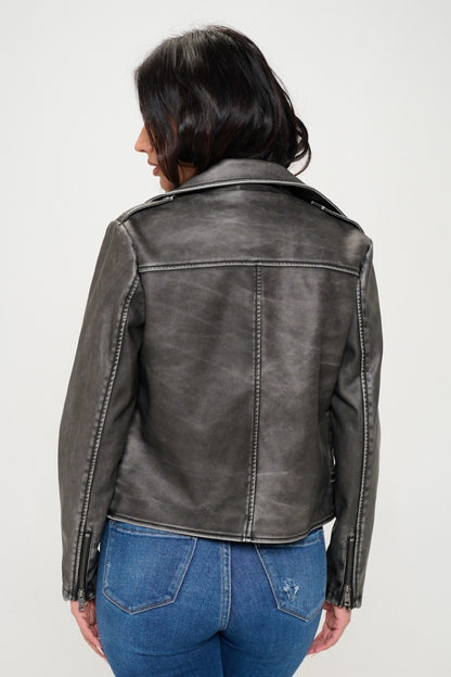 Coalition LA Zip Up Biker Vegan Leather Jacket with Belt-S-XL