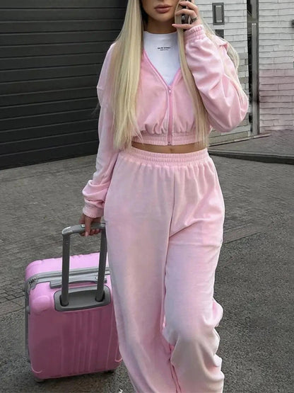 Zip Up Hoodie and Pocketed Pants Set (grey/pink/apricot/black/blue)-SMALL-XL