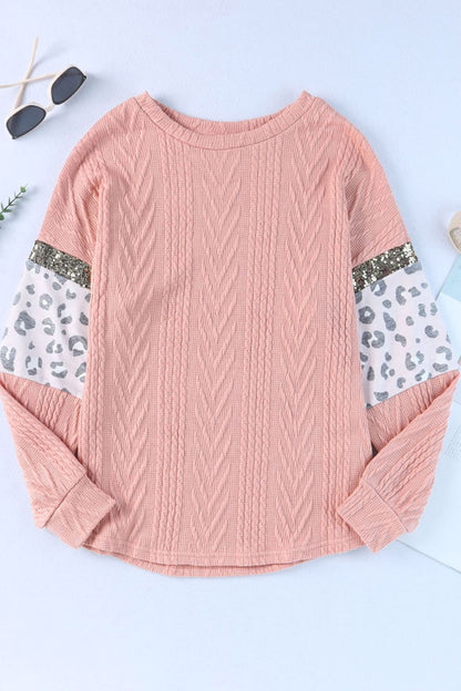 Sequin Leopard Round Neck Long Sleeve Sweater-SMALL-XL