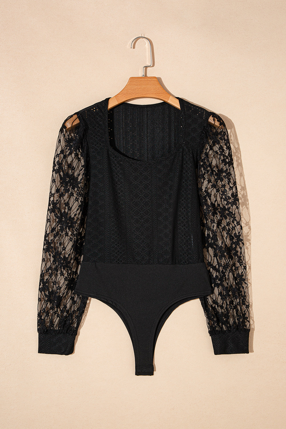 Eyelet Lace Long Sleeve Bodysuit (white/black)-SMALL-XL