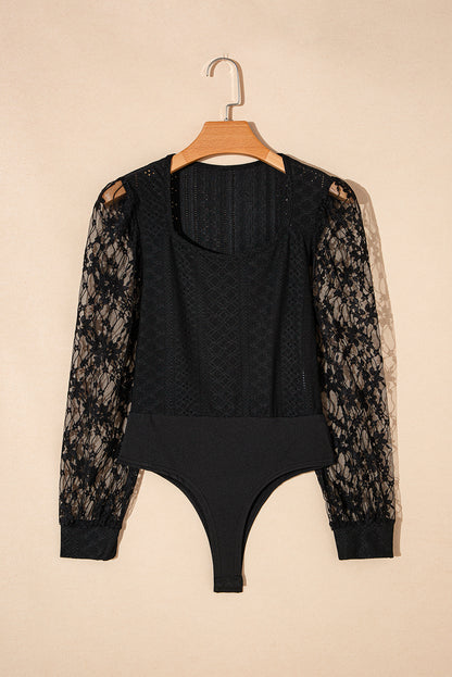 Eyelet Lace Long Sleeve Bodysuit (white/black)-SMALL-XL