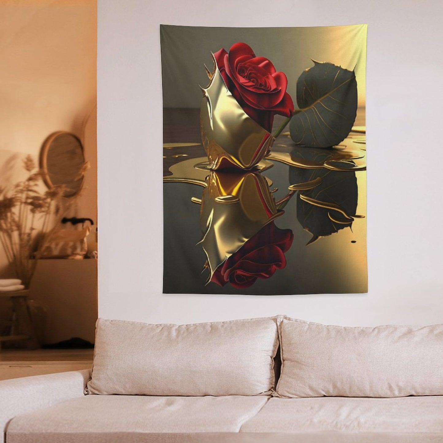ROSE IN GOLD Wall Art with Vertical Tapestry