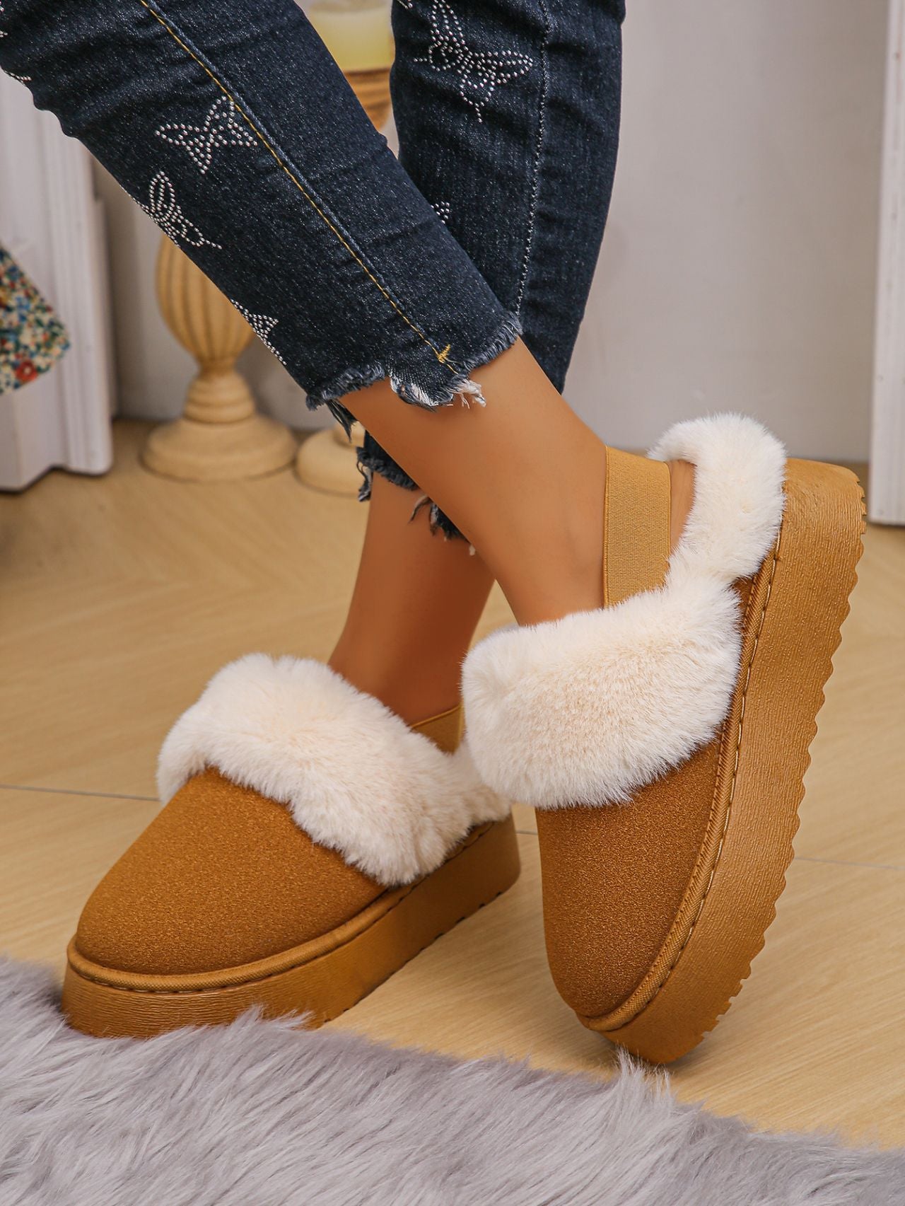 Faux Fur Round Toe Platform Slippers (beige/black/caramel)
