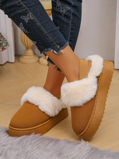 Faux Fur Round Toe Platform Slippers (beige/black/caramel)