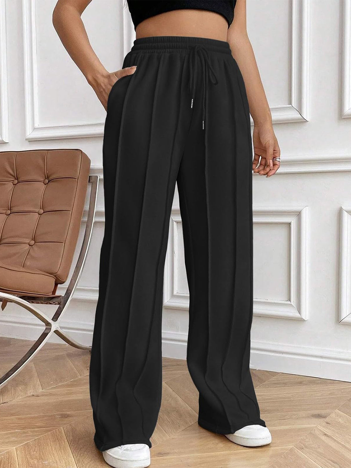 Drawstring Elastic Waist Pants with Pockets (white/black/grey/brown/dusty pink)-XS-2XL