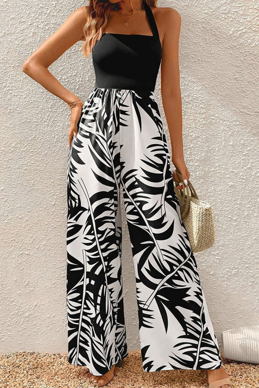 Printed Halter Wide Leg Jumpsuit-SMALL-XL