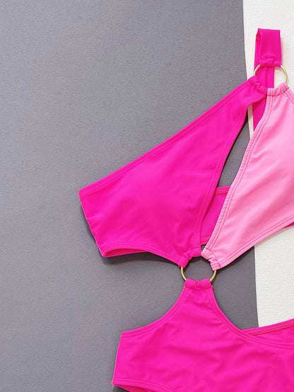 One-Shoulder Cutout Ring Detail One-Piece Swimsuit-S/M/L