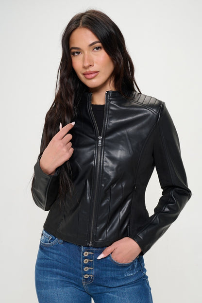 Zip Up Moto Vegan Leather Jacket-S-XL