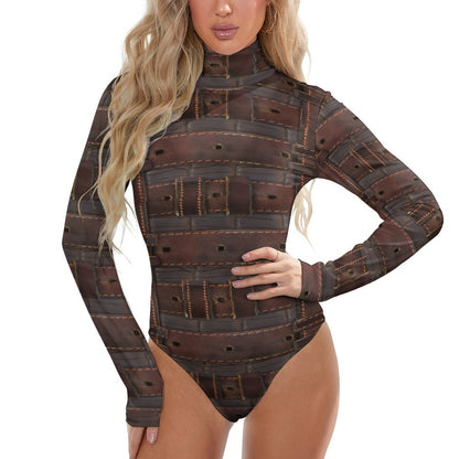 RUGGED LEATHER BUCKLE High-collar Long-sleeve Bodysuit-SMALL-2XL