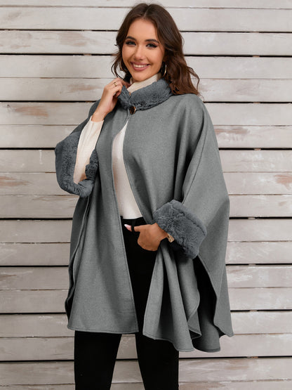 Fuzzy Trim Long Sleeve Poncho (tan/grey/black)