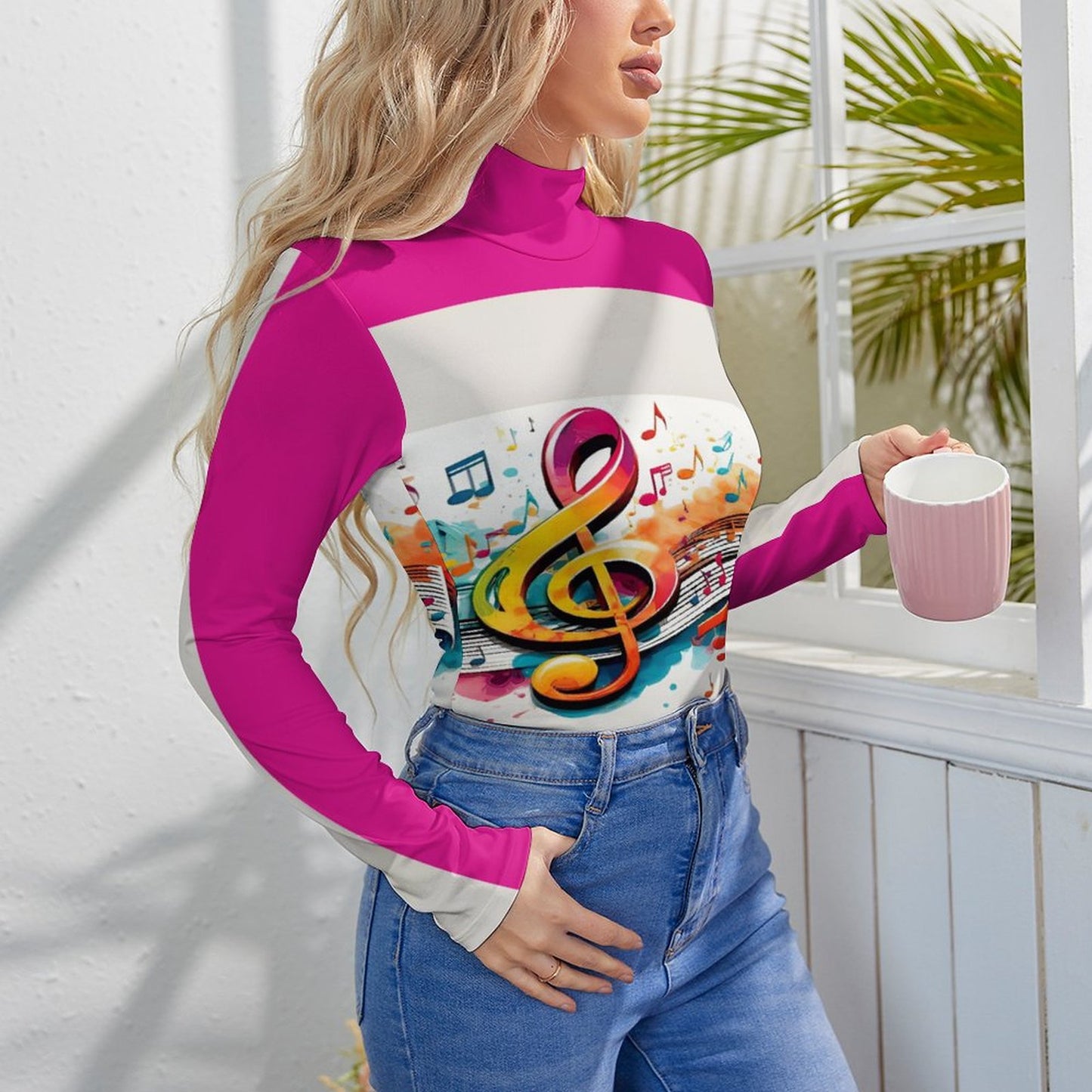 MUSIC GRAFFITI High-collar Long-sleeve Bodysuit (white/hot pink)