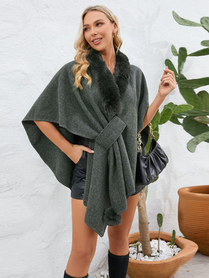 Fuzzy Trim Open Front Poncho (grey/black/green/cream/mocha/camel)