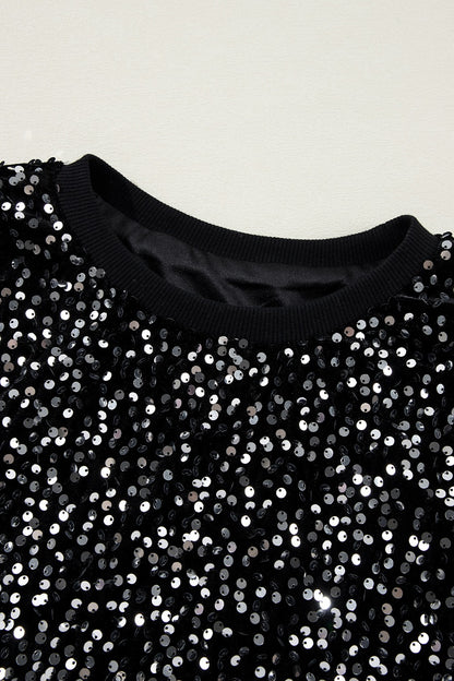 Sequin Round Neck Long Sleeve Blouse-SMALL-XL