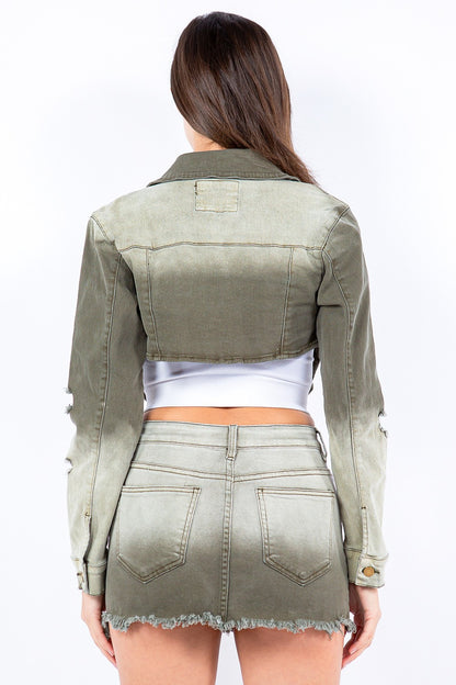American Bazi Distressed Ombre Washed Cropped Denim Jacket (S/M/L)