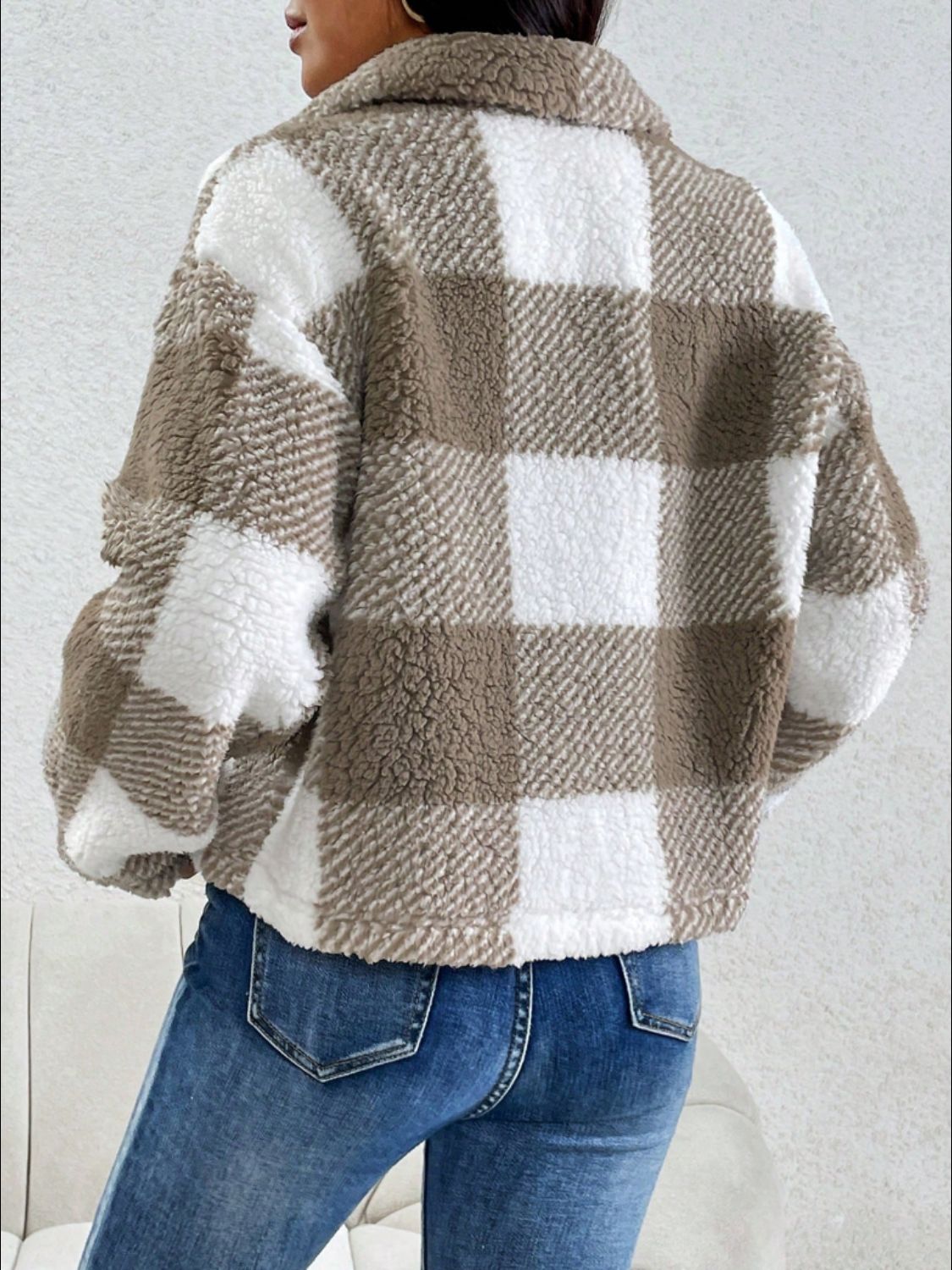 Decorative Pocket Flap Plaid Long Sleeve Jacket (black/mocha)-XS-XL