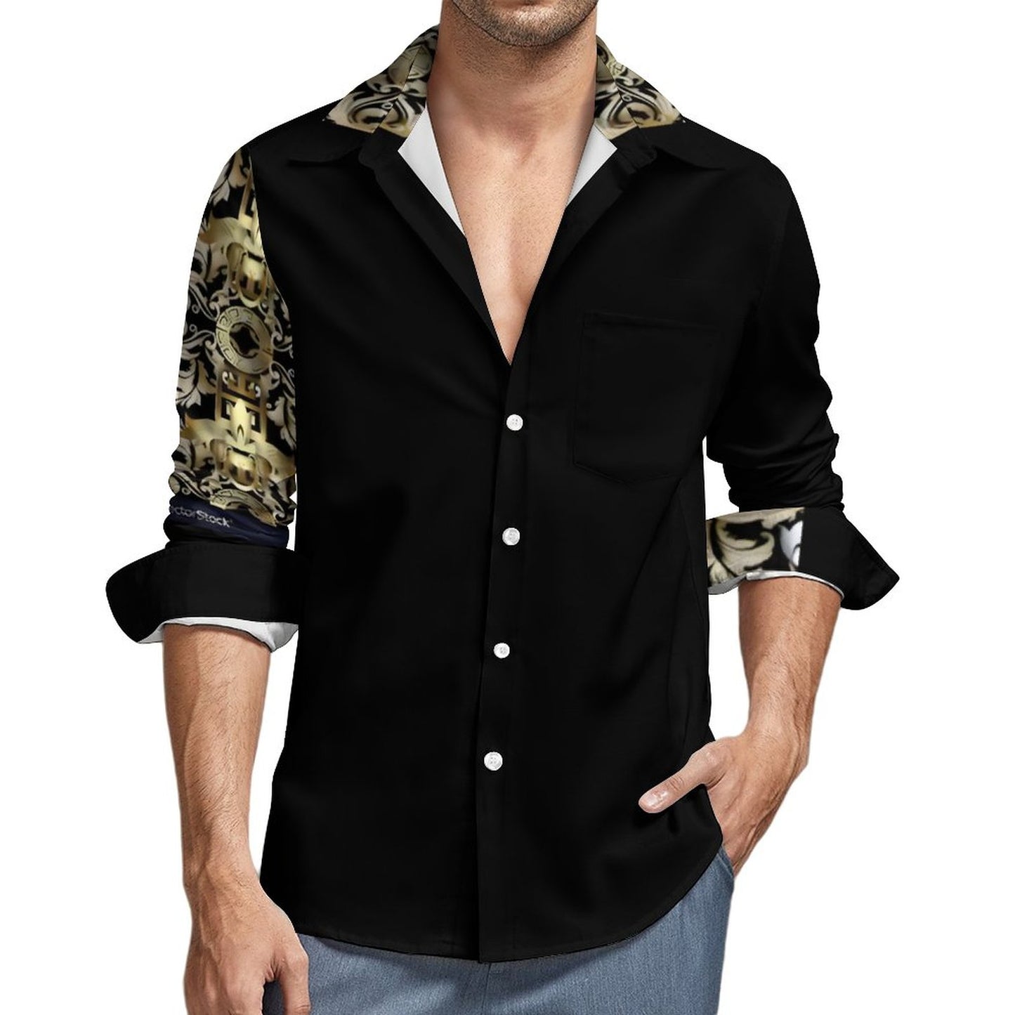 Faux Linen Men Long Sleeve Shirt with Pocket(All-Over Printing)