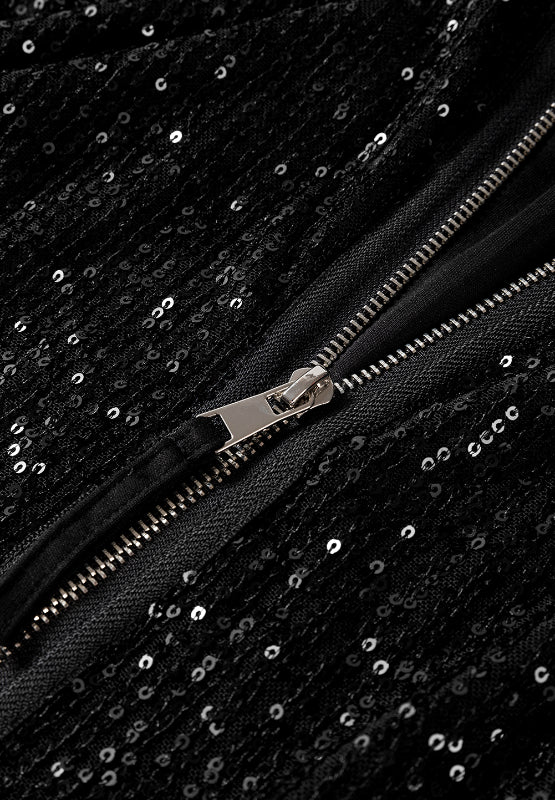 Sequin Zip Up Long Sleeve Jacket (black/cream)-SMALL-XL