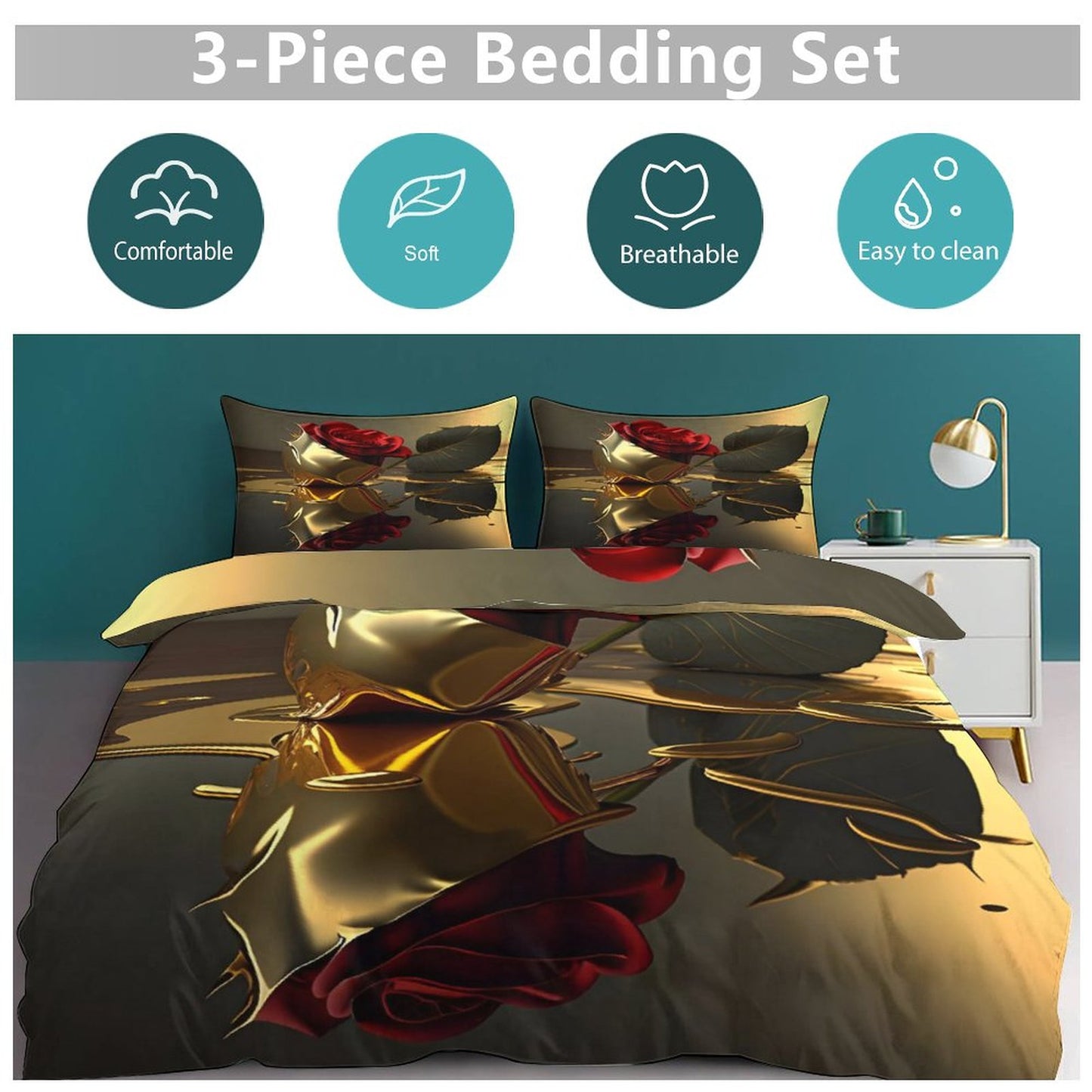 ROSE IN GOLD 3-Piece Bedding Set-102"x90"/ 259x229cm (Dual-sided Printing)