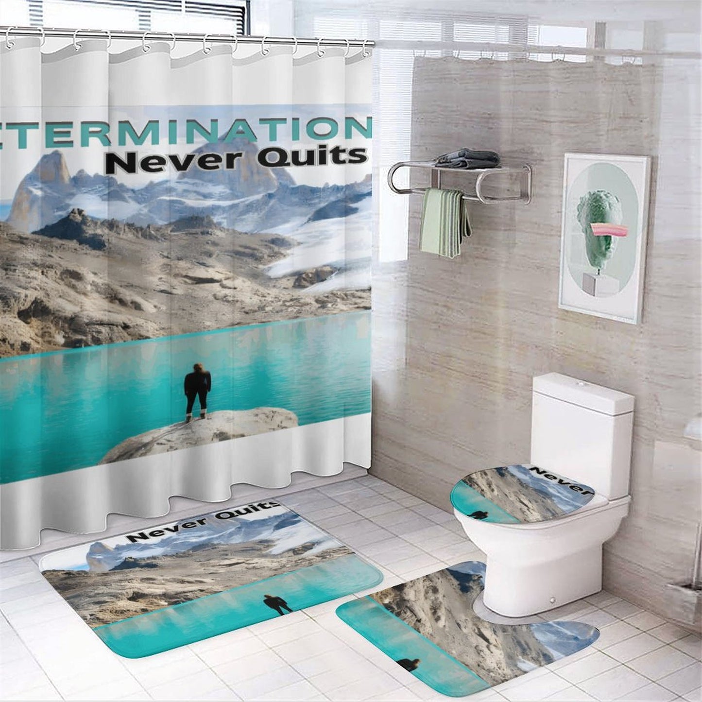 Shower Curtain Set with 3 Rugs