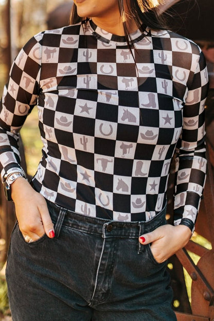 Checkered Mock Neck Long Sleeve Top-SMALL-XL