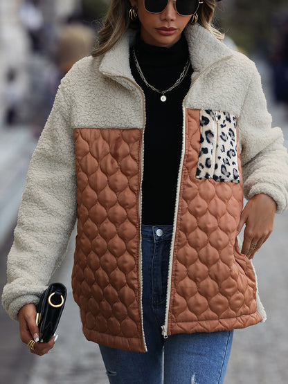 Leopard Color Block Zip-Up Jacket (caramel/green/burgundy/black/gray/orange-red-SMALL-XL