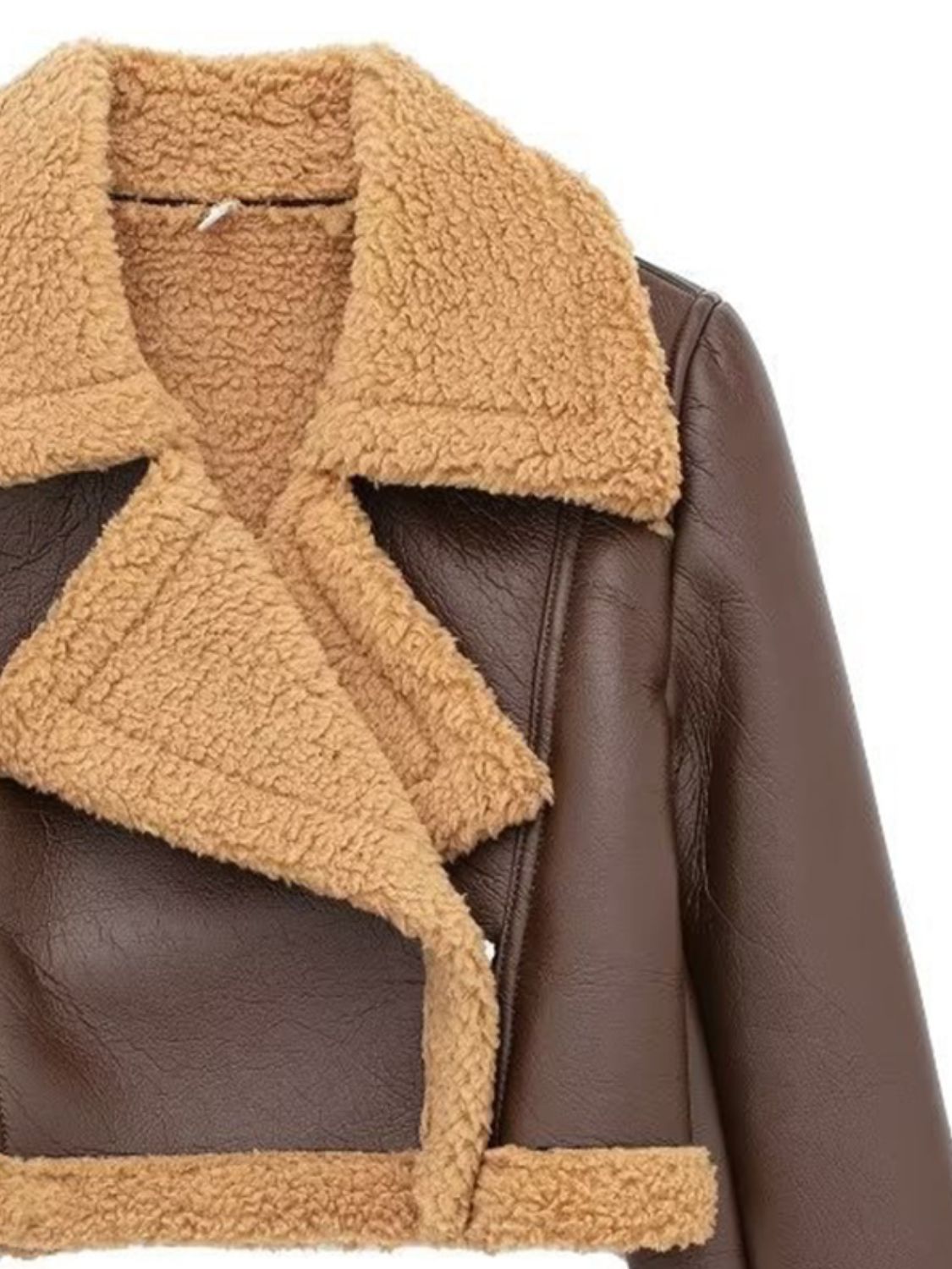 Collared Neck Long Sleeve Plush Cropped Leather Jacket (chocolate & white/black & white/mustard & white/black & reddish brown/brown & reddish brown/coffee brown/burgundy)-SMALL-LARGE