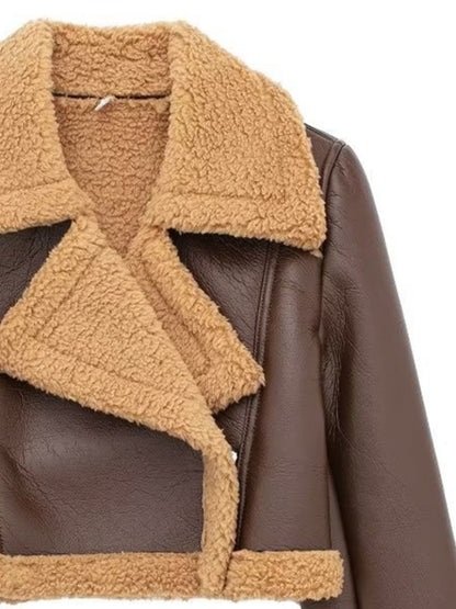 Collared Neck Long Sleeve Plush Cropped Leather Jacket (chocolate & white/black & white/mustard & white/black & reddish brown/brown & reddish brown/coffee brown/burgundy)-SMALL-LARGE