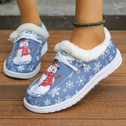 Snowman Print Round Toe Slip-On Loafers (khaki/light blue)