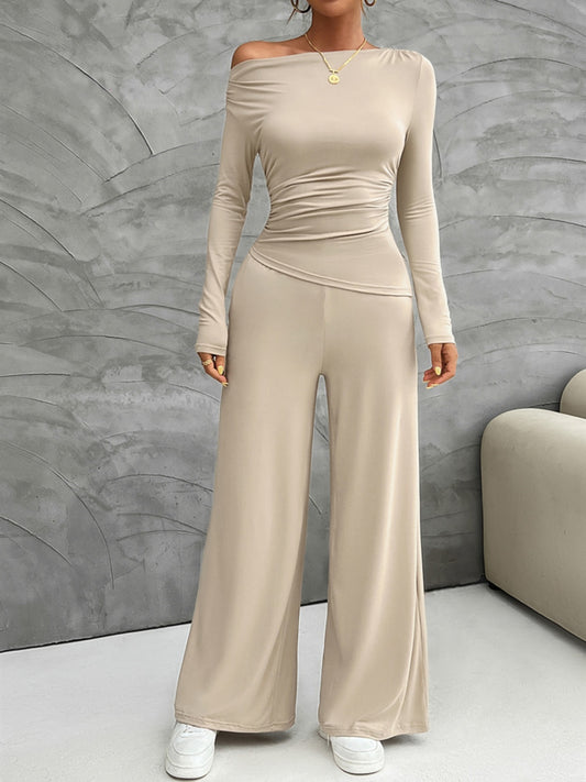 Long Sleeve Top and Wide Leg Pants Set (cream/black/burgundy/gray)-SMALL-XL